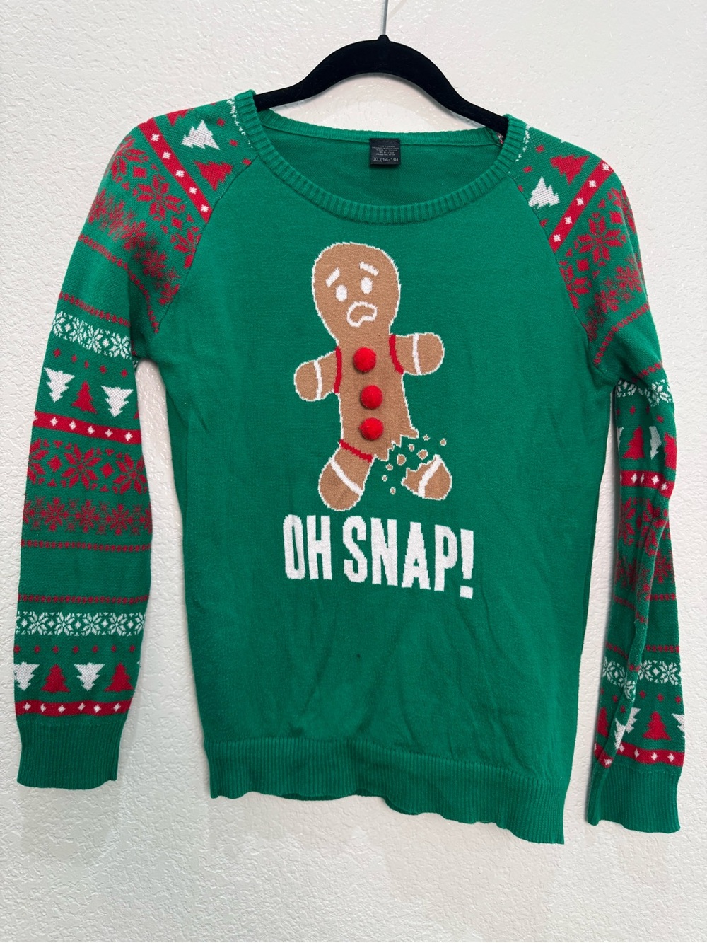 Ugly Christmas Sweater Kids XL 14-16 Green Gingerbread Man Oh Snap Holiday